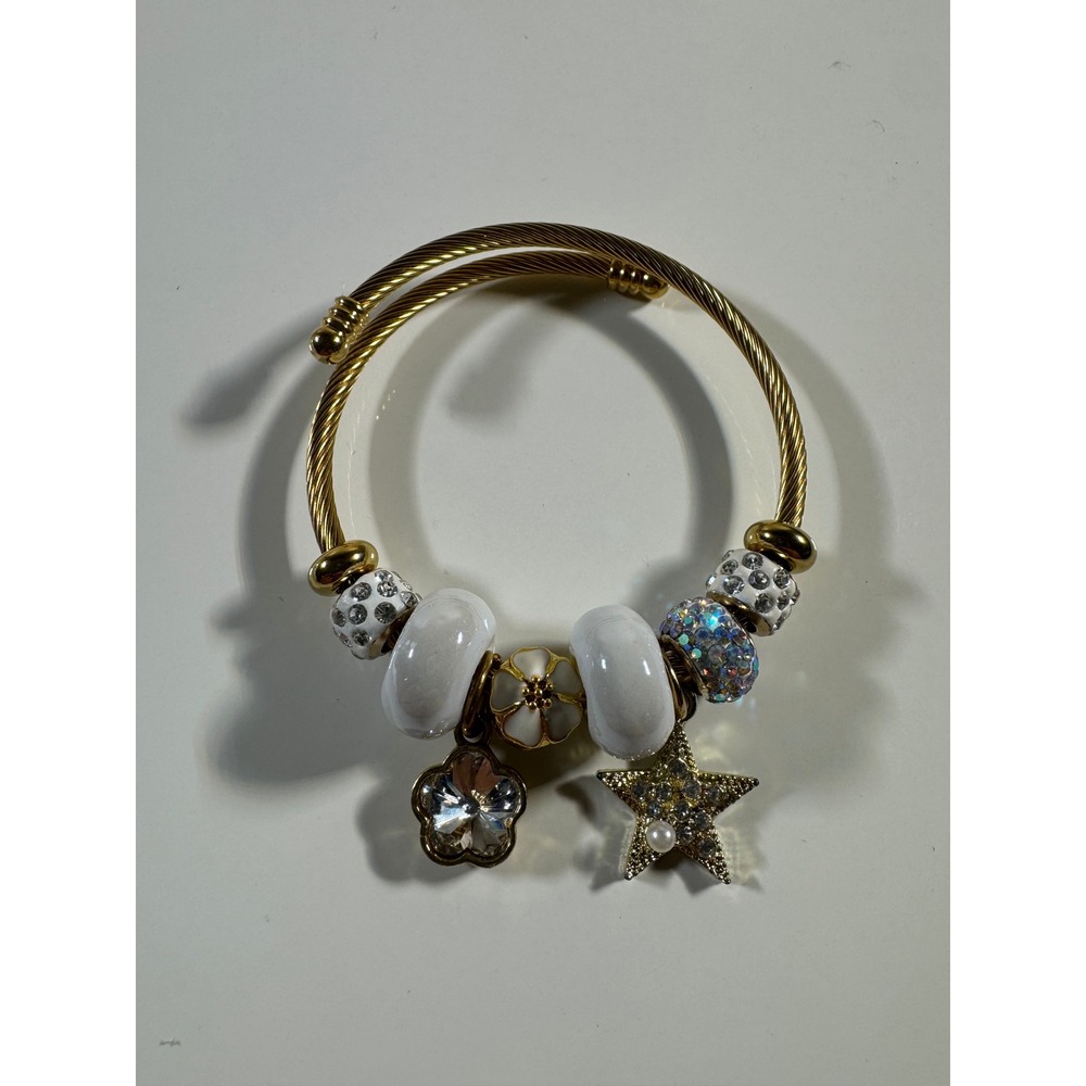 Gold Tone Cable Wire Bypass Charm Bracelet Star Flower White Beads Rhinestone